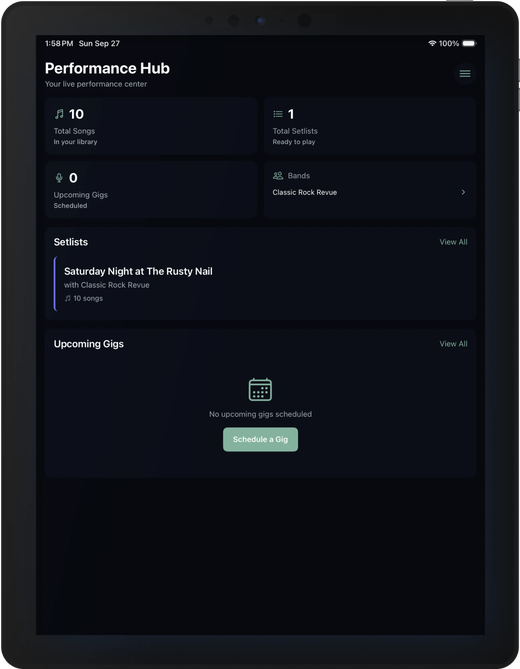 Gaffer Performance Hub on iPad — songs, setlists, bands and upcoming gigs at a glance