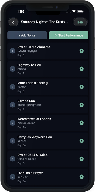 Saturday Night at The Rusty Nail setlist on iPhone, ready to start performance