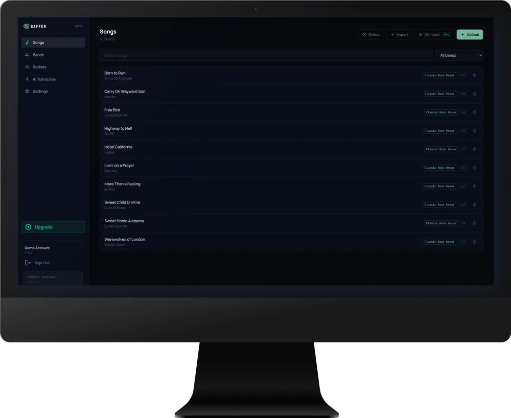 Gaffer web dashboard on Mac showing the Classic Rock Revue song library